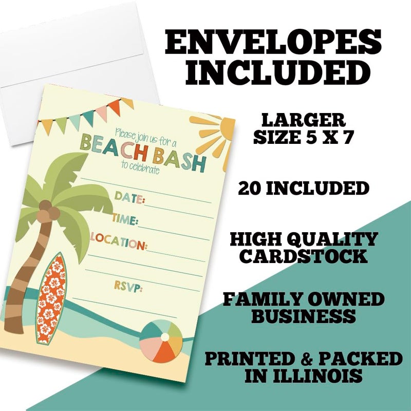 Amanda Creation Beach Bash Summer Birthday Party Invitations, 20 5x7 Fill In Cards with Twenty White Envelopes by AmandaCreation - Image 2